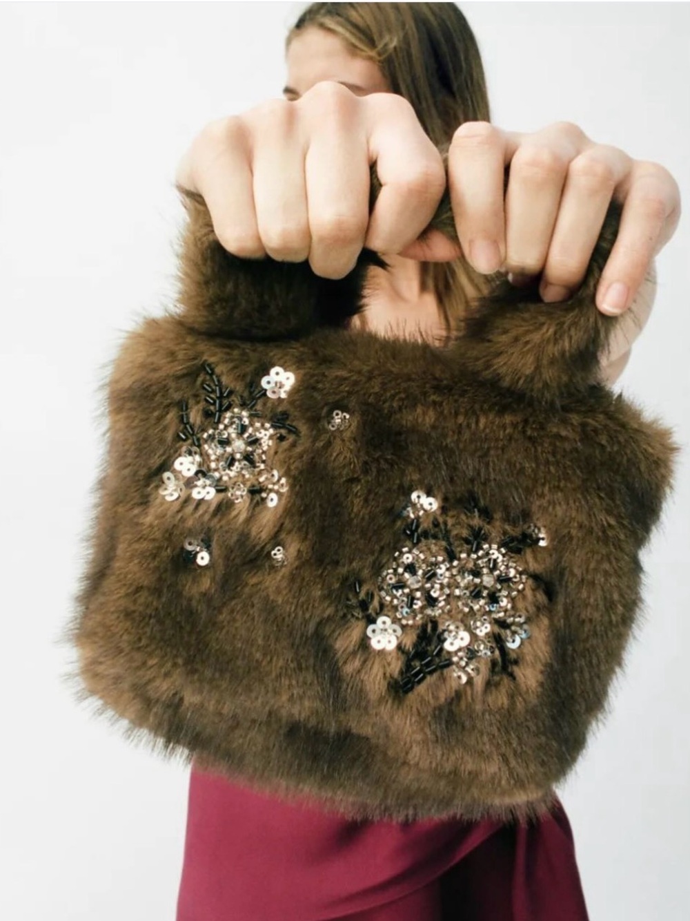 Zara NWT Sparkling Faux Fur Handbag Jeweled Floral Mini Bag